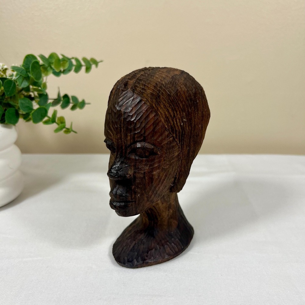 Small Vintage Hand-Carved African Woman Wood Bust Sculpture | Signed